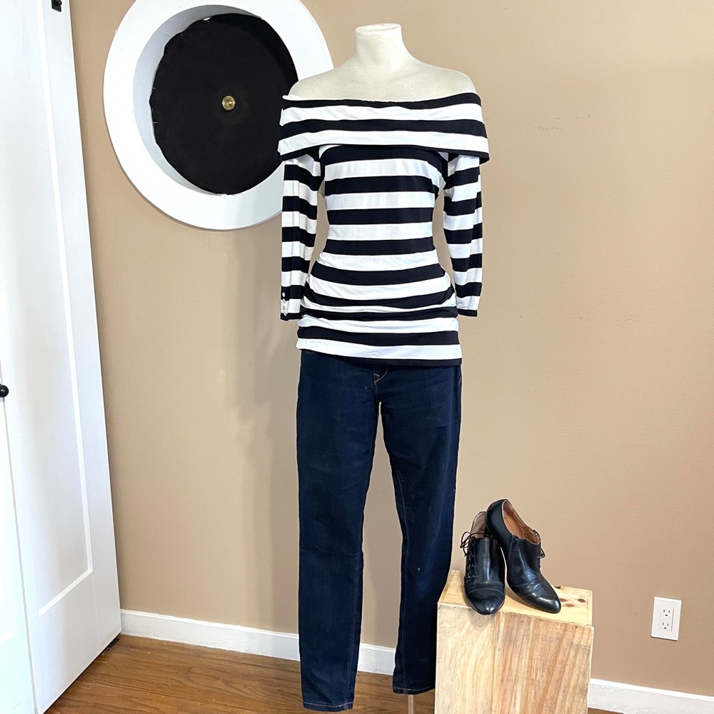 WHBM Off-Shoulder Striped Knit Top – Size Large, Tall-Friendly Fit - Picture 6 of 13